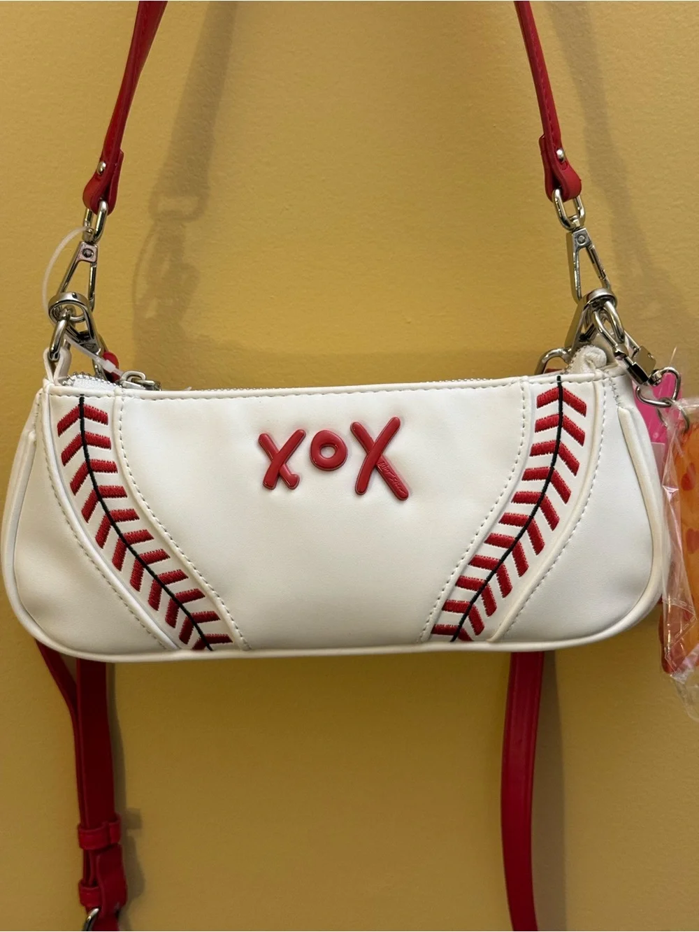 Betsey Johnson White/Red baseball/softball shoulder/crossbody. hotdog charm NWT